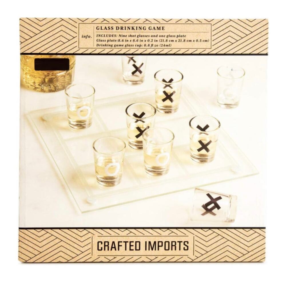 Crafted Imports Glass Tic Tac Toe Drinking Game Board With Shot Glasses